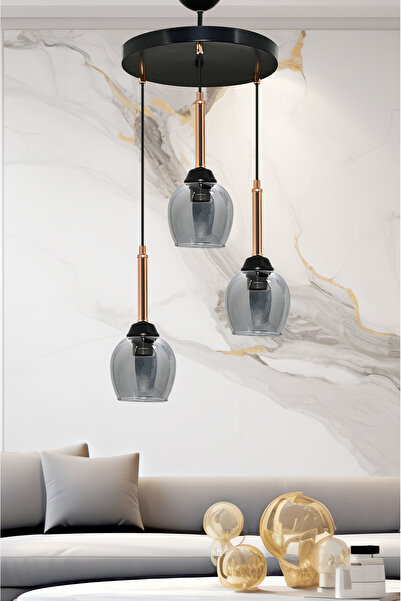 DEDE ÜÇLÜ MANDARİN SARKIT AVİZE FÜME CAMLI BAKIR BORULU