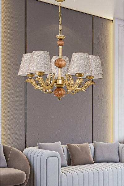 DEDE BEŞ KOLLU AHŞAPLI ESKİTME SAVA ZAMAK AVİZE KAHVE ŞAPKALI