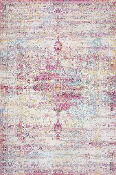 Frenda Vintage Desenli Pamuk Taban Yıkanabilir Halı Fuşya