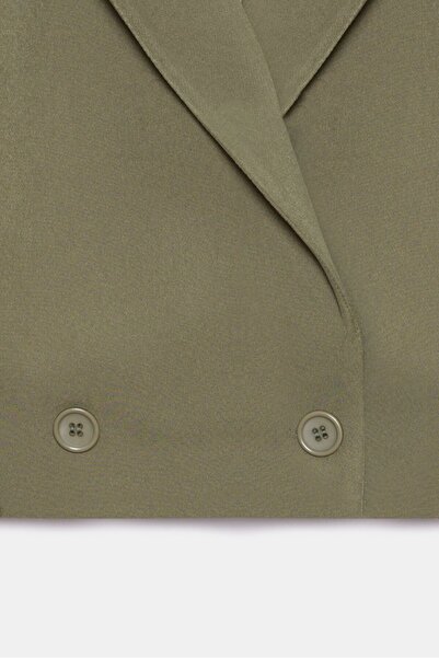 Saade Haki Kadın Regular Fit Kruvaze Kapama Dokuma Crop Blazer Ceket -Şık & Spor