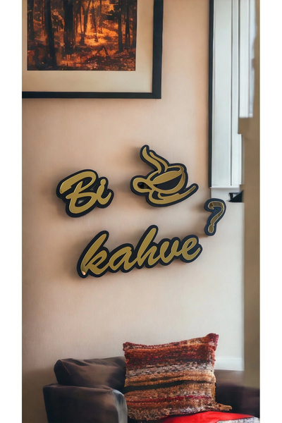 RetroLazer Bi kahve Siyah Beyaz Zemin Üzeri Gold Pleksi Duvar Yazısı Mutfak D...