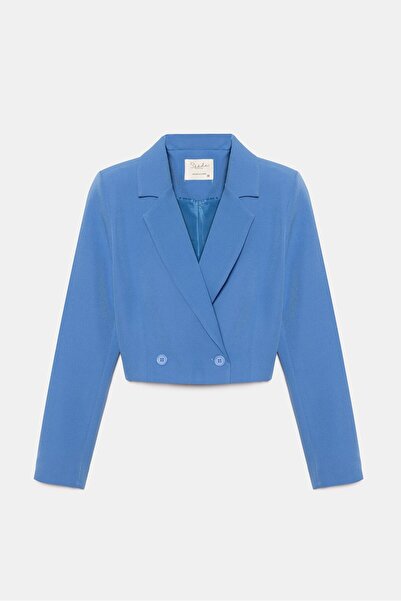 Saade İndigo Kadın Regular Fit Kruvaze Kapama Dokuma Crop Blazer Ceket -Şık &...
