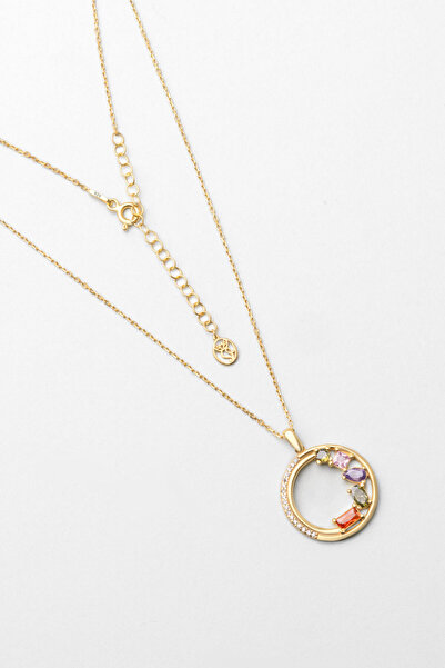 So CHIC... Renkli Taş Dünyası 18 Ayar Sarı Altın Kaplama 45 Cm Gümüş Kolye