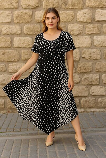 Şans Women's Plus Size Black, Washed Denim Fabric, Double Pockets, Short Sleeve Jeans Dress 65N39155