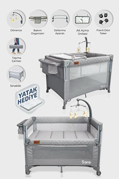 Rota Sare Anne Yanı Park Yatak Oyun Parkı Beşik 70x110 Cm - Yatak Hediyeli - Gri