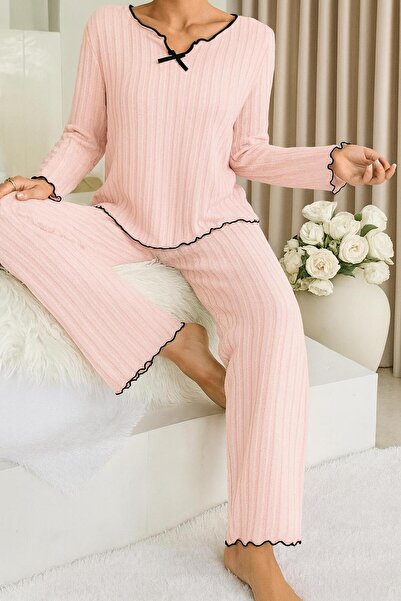 ELİTOL Pembe Pamuklu Fiyonk Detaylı Pijama Takımı