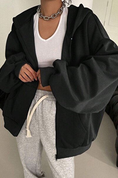 Trendseninle Γυναικεία ζακέτα με μαύρη κουκούλα με φερμουάρ