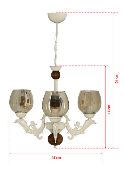 DEDE ÜÇ KOLLU AHŞAPLI KREM RENGİ SAVA ZAMAK AVİZE BAL RENGİ CAMLI