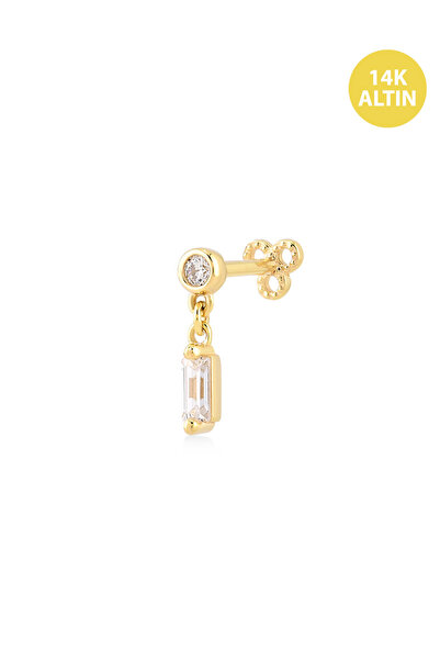 KURSHUNI Parıltı Baget Sallantılı, 14 Ayar Altın Kıkırdak Küpe/Piercing (TEK Satılır) Bar Uzunluğu:6,5 mm