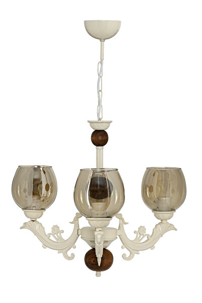 DEDE ÜÇ KOLLU AHŞAPLI KREM RENGİ SAVA ZAMAK AVİZE BAL RENGİ CAMLI