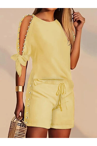 Modayakamoz Women's short sleeve crew neck half open shoulder pearl detailed short t-shirt viscose double set