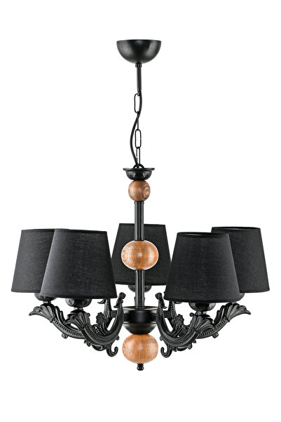 DEDE BEŞ KOLLU AHŞAPLI SİYAH SAVA ZAMAK AVİZE SİYAH ŞAPKALI