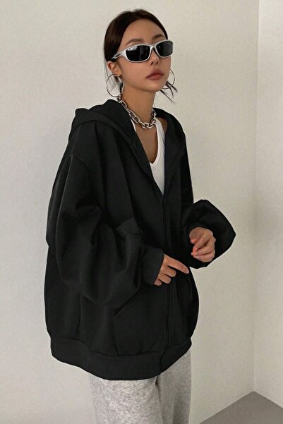 Trendseninle Γυναικεία ζακέτα με μαύρη κουκούλα με φερμουάρ