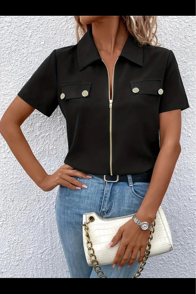 ARONA Women's Short Sleeve Jacket Collar Front Zipper Pocket Detail Short Sleeve Imported Crepe Blouse