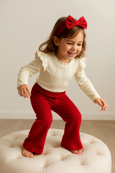 özge başaran Cream Colored Long Sleeve Badi and Red Leggings Set for Girl - Casual Stylish and Comfortable Combination
