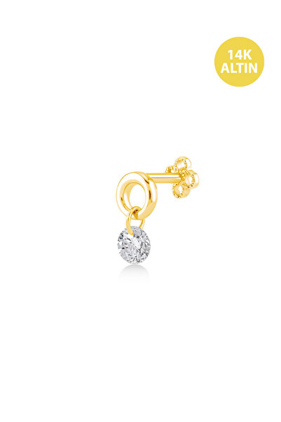 KURSHUNI Taşsız Halka Taş Sallantılı, 14 Ayar Altın Kıkırdak Küpe/Piercing (TEK Satılır) Bar Uzunluğu:6,5 mm