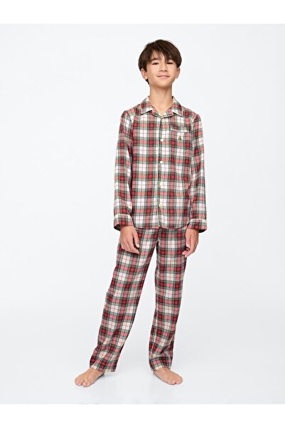 GAP Erkek Çocuk Kırmızı Geri Dönüştürülmüş Desenli Flannel Pijama Takımı