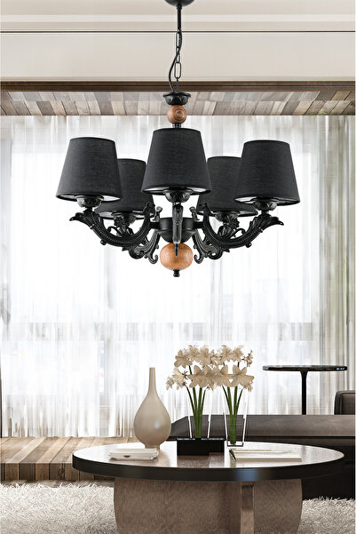 DEDE BEŞ KOLLU AHŞAPLI SİYAH SAVA ZAMAK AVİZE SİYAH ŞAPKALI