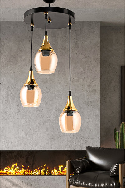 DEDE ÜÇLÜ EMBUDO TEPSİLİ AVİZE GOLD HUNİ BAL CAMLI