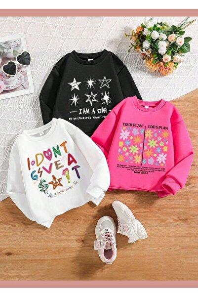 Kids 3'lü Çocuk Sweatshirt Seti Beyaz Yazı, Pembe Çiçek, Siyah Yıldız