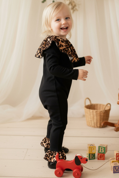 Parla Kids Baby Girl Dark Leopard Collared Jumpsuit with Snap Detail