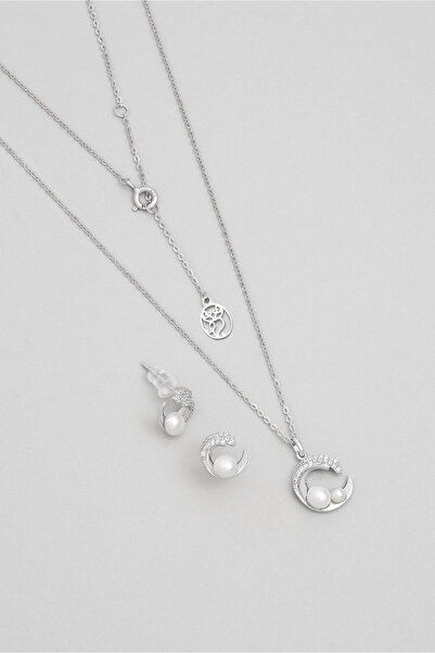 So CHIC... Minimal İnci 18 Ayar Beyaz Altın Kaplama Gümüş Seti