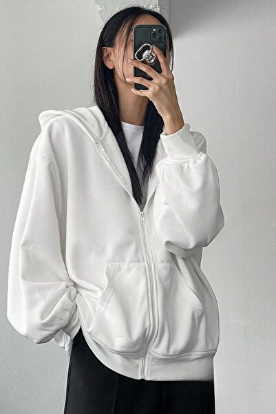 Trendseninle Γυναικεία ζακέτα με φερμουάρ με 3 κλωστές λευκή κουκούλα