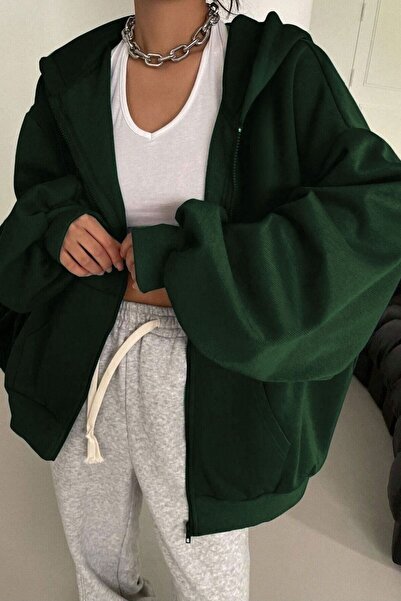 Know Kadın Nefti Yeşil Kapüşon Detay Fermuarlı Hırka