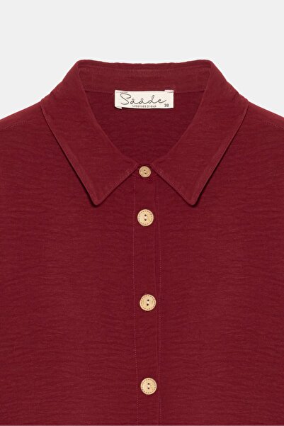 Saade Burgundy Women's Shirt Collar Wooden Buttoned Collage Elastic Aerobin Woven Tunic - Regular Fit