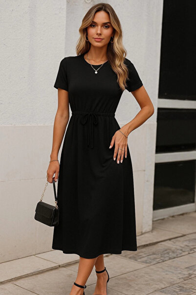 Ekince Γυναικείο κοντομάνικο φόρεμα με λαιμόκοψη με δαντέλα μπροστά με λεπτομ...