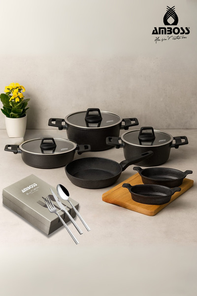 Amboss Bead 27 Parça Döküm Granit Tencere ve Paslanmaz Çelik Çatal Bıçak Kaşık Takımı