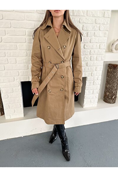 Femistik Kadın Kruvaze Cepli Kemerli Uzun Camel Trençkot