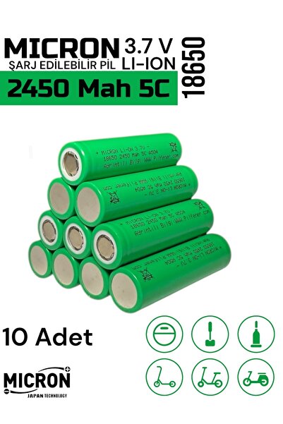 Micron 18650 3.7V (Volt) 2450 MaH 5C Lityum Şarj edilebilir 10 Adet Pil(Batarya)