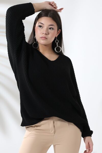 Devinka Pulover de damă negru cu decolteu în V Thessaloniki tricot supradimensionat