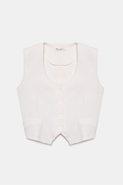Saade Екру дамска жилетка с джобове и детайли по ръбовете, с U-образно деколте и копчета, без подплата