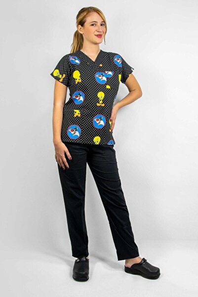 Nur Medikal Giyim Unisex Tweety Desenli Likralı Doktor Hemşire Scrubs Üniform...