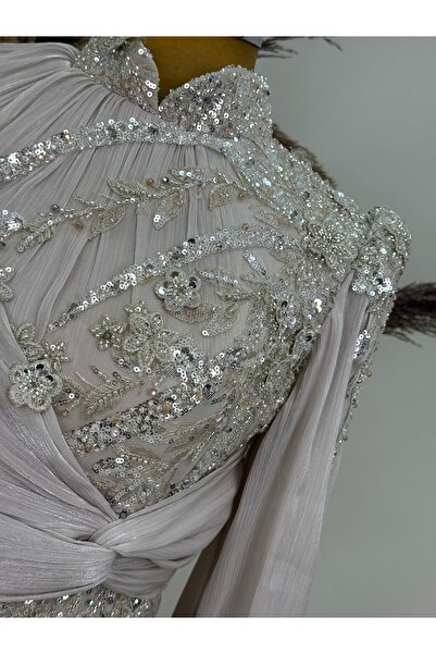 PİENNAR Önü Drapeli Boncuk İşleme Detaylı Rengin Abiye