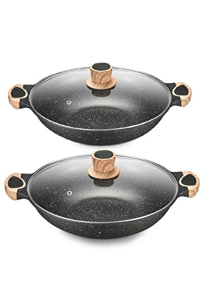ELEGANT HOME 2 granite frying pans with lids, 28cm/32cm