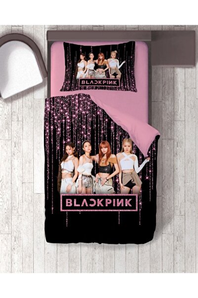 hediyechy طقم غطاء لحاف فردي مطبوع باللون الأسود والوردي بدون ملاءات