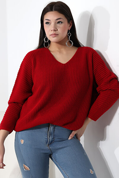 Devinka Kadın Kırmızı V Yaka Selanik Örgü Oversize Triko Kazak