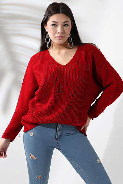 Devinka Kadın Kırmızı V Yaka Selanik Örgü Oversize Triko Kazak