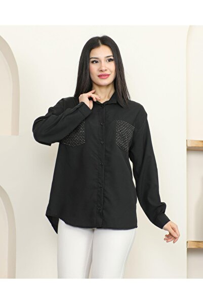 ABS FASHİON Kadın Cep Kısmı Taşlı Siyah Gömlek
