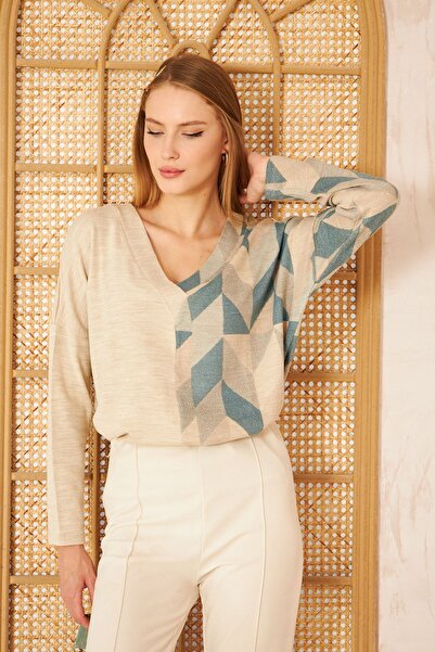 Pasaklı Giyim Pulover supradimensionat acrilic cu decolteu în V, verde petrol, bej 3481200