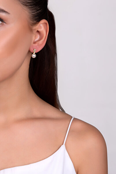 So CHIC... Baget Ve Zirkon Taş Detaylı 18 Ayar Sarı Altın Kaplama Sallantılı İnci Gümüş Küpe