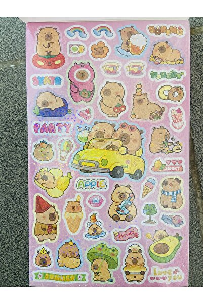 synshop Capybara Kapibara 100 Adet Işıltılı Hologram Sticker Çıkarma Etiket Kitabı 4 Yaprak