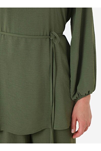 Refka Balloon Sleeve Belt Detailed Basic Tunic & Pants Two-Piece Set - Khaki -
