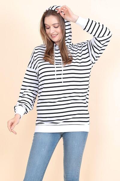 ABS FASHİON سترة نسائية بأكمام طويلة مخططة باللونين الأبيض والأسود