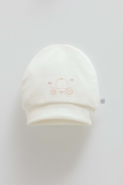 Caramell Middle Castle Embroidered Girls' Velvet Beret Ecru