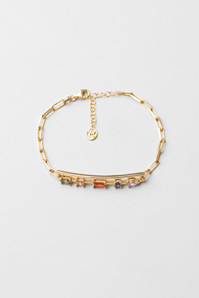 So CHIC... Renkli Taşlı 18 Ayar Sarı Altın Kaplama 19 Cm Gümüş Kelepçe Bileklik