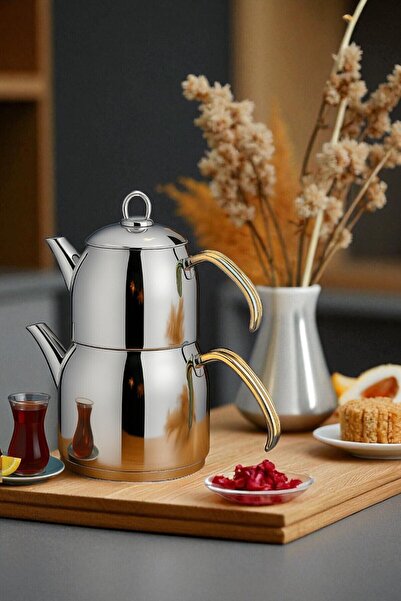 Gökdil Valeriya Induction Base Mini Size Steel Gold Handle Teapot Set
